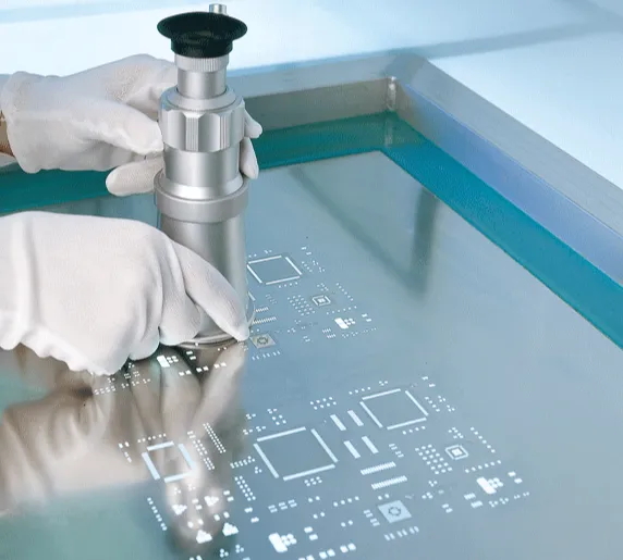 "PCB outline stencil with precise apertures for solder paste application."