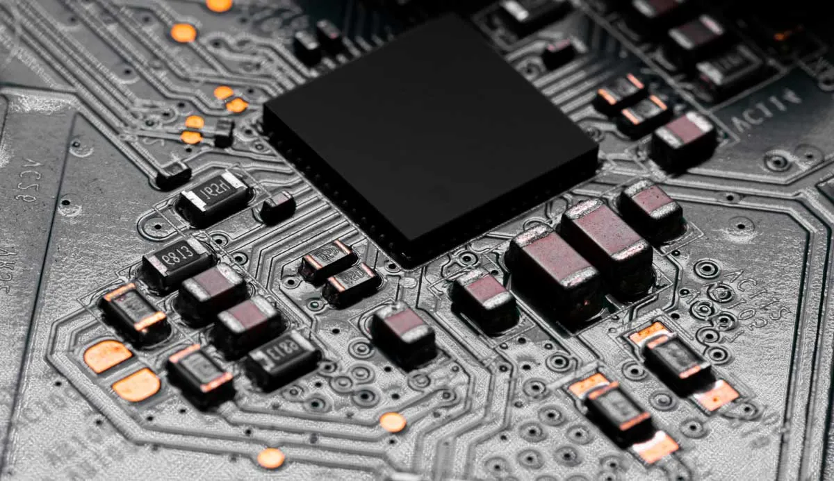 Detailed view of a consumer electronics PCB with SMT components