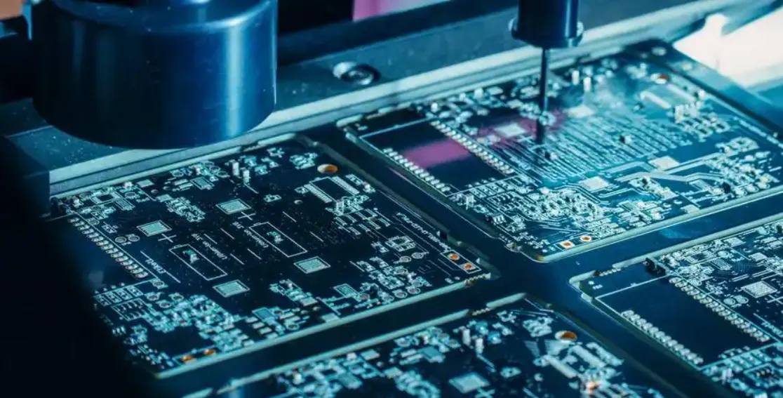 ICT fixture testing a PCB with bed-of-nails probes connected to a test system.