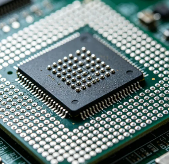 Close-up of fine-pitch BGA components on a PCB before solder paste printing