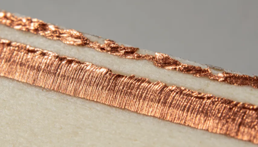 Microsection showing 140 micrometer copper thickness in a motor controller PCB