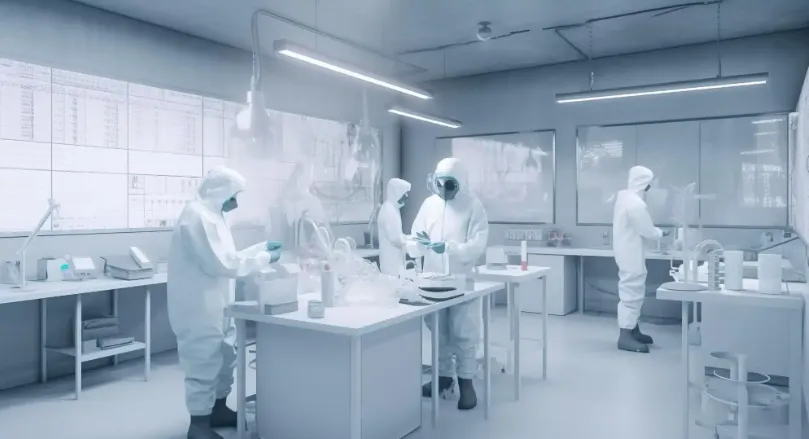 Technician handling high-frequency laminates in a controlled cleanroom environment