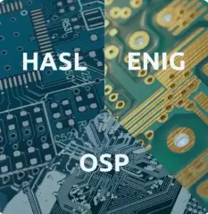 Close-up of PCB with various surface finishes for defect identification.