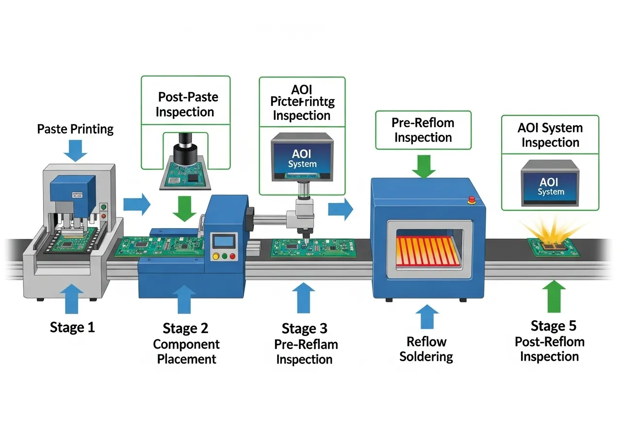 SMT line diagram showing strategic AOI placement for optimization