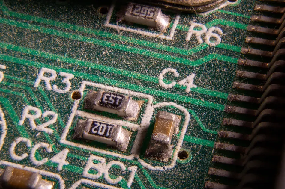 Close-up of a PCB with flux residue and dust before cleaning.