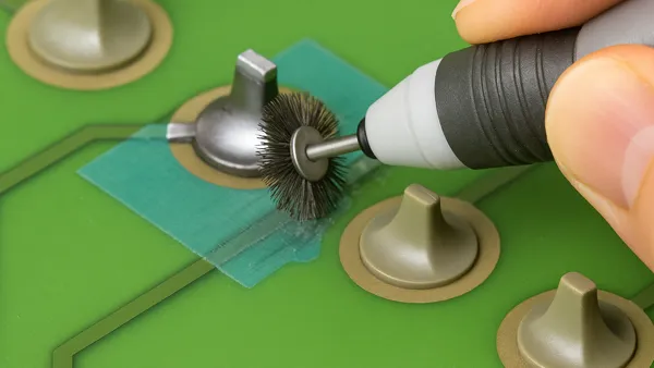 Hand scraping solder mask from PCB with a precision tool.