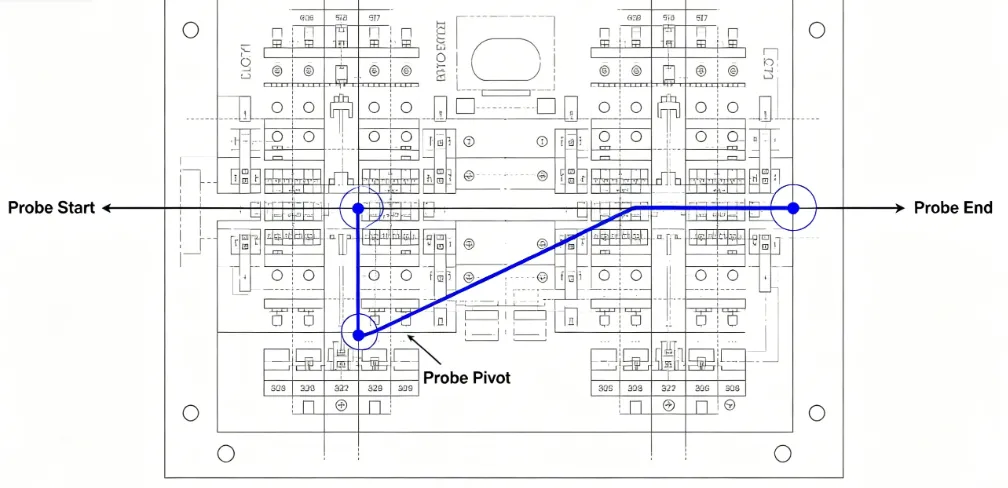 Graphical representation of optimized probe movement paths across a prototype board