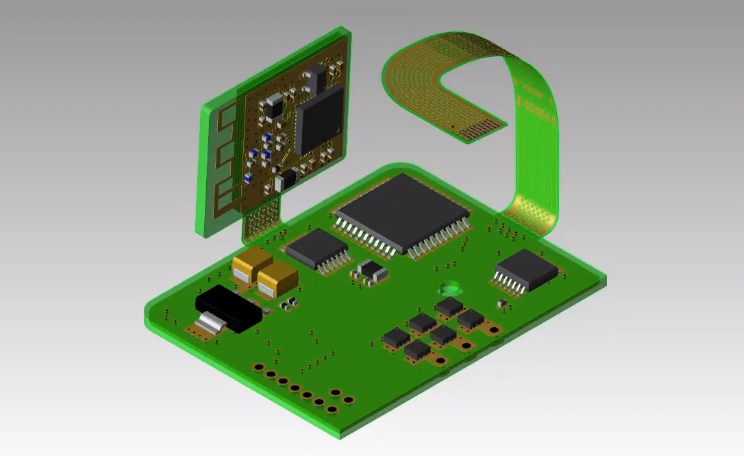 Rigid-flex PCB design showcasing rigid and flexible areas for MRI systems