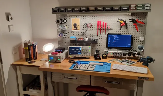 Home PCB testing setup with essential tools on a workspace