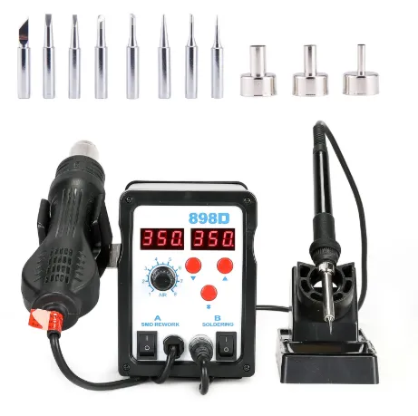 Soldering tools for mixed technology PCB assembly including soldering iron and hot air station."