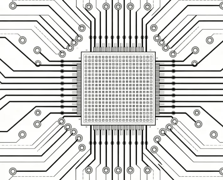 PCB layout showing trace fanout from BGA pads with vias')