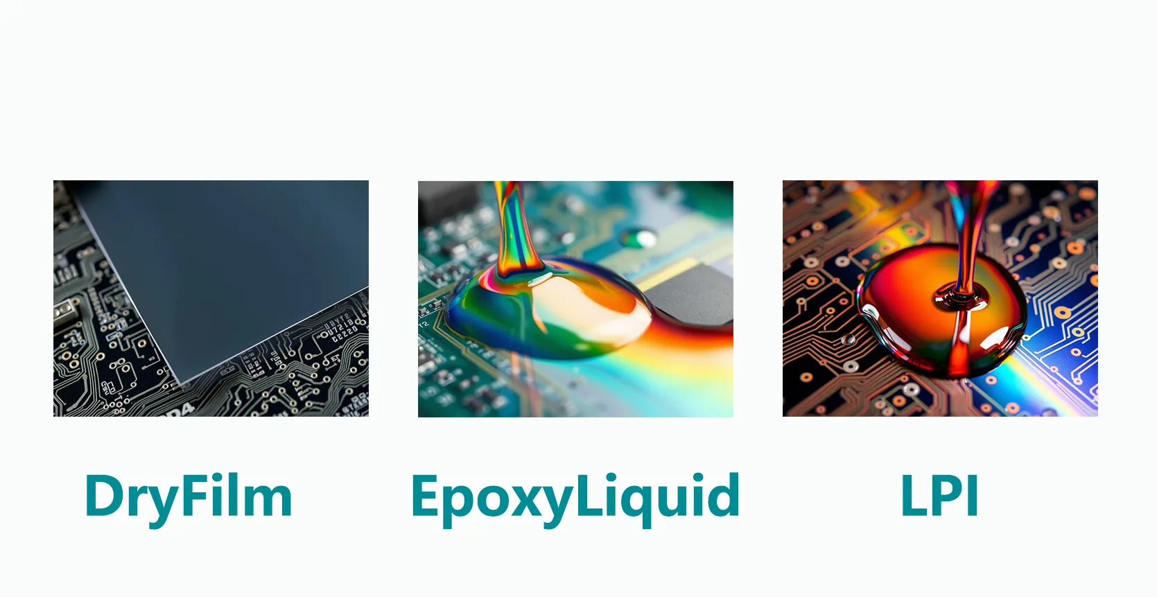 Comparison of PCB solder mask types: epoxy liquid, LPI, and dry film.