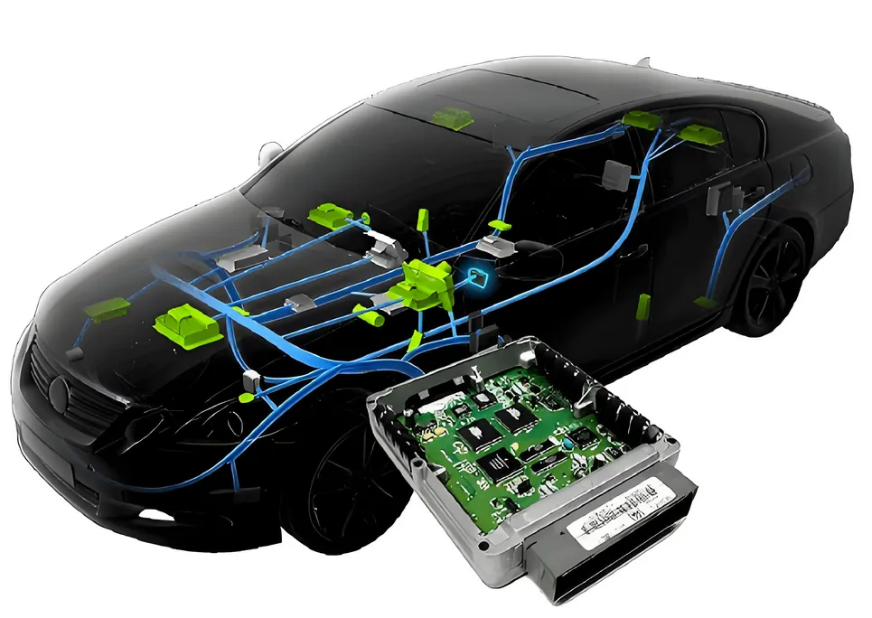 Automotive ECU with exposed PCB showcasing intricate design for testing and validation.