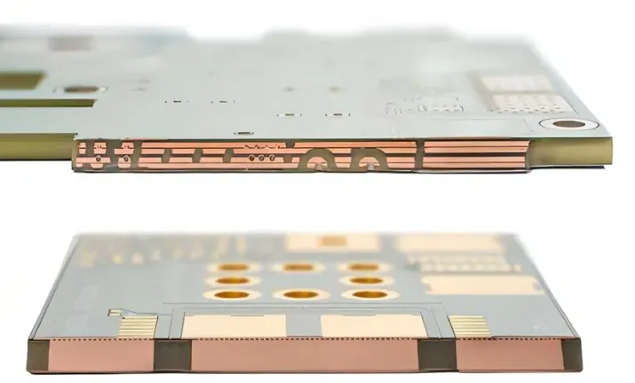 "Cross-section of a heavy copper PCB showing thick copper layers for high current applications."