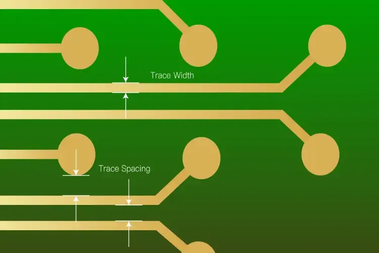 Close-up of PCB trace spacing and via alignment showing fabrication tolerances