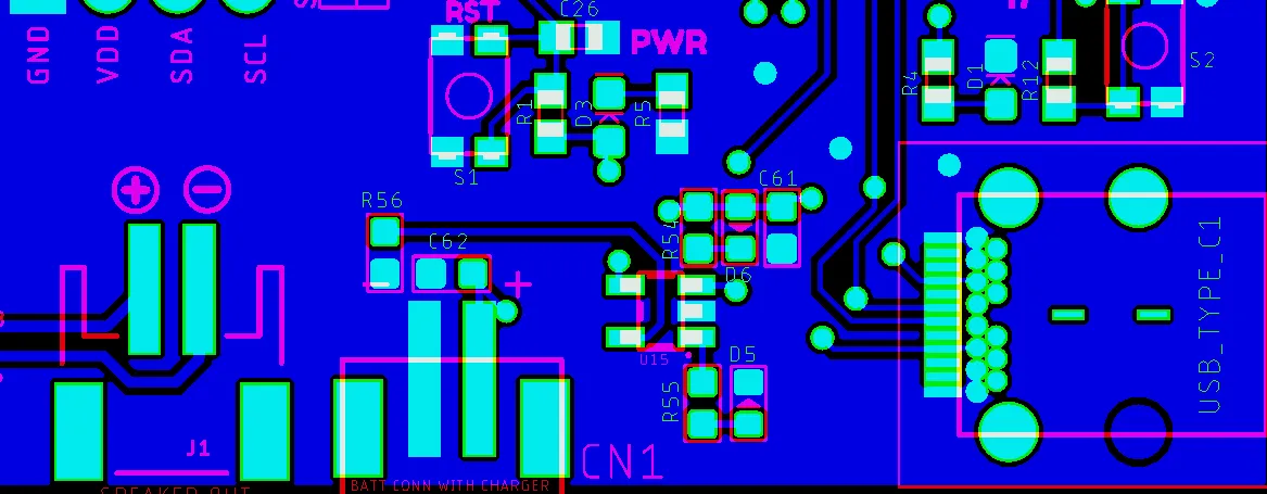 PCB design software view with component labels and polarity indicators.