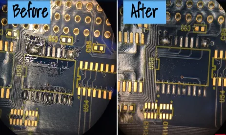 Before and after comparison of a dirty and cleaned PCB showing flux residue removal