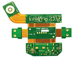 Rigid-flex PCB routing with curved traces in the flex area.