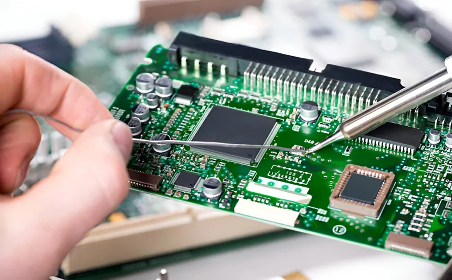 Close-up of a soldered joint on a PCB demonstrating proper technique.