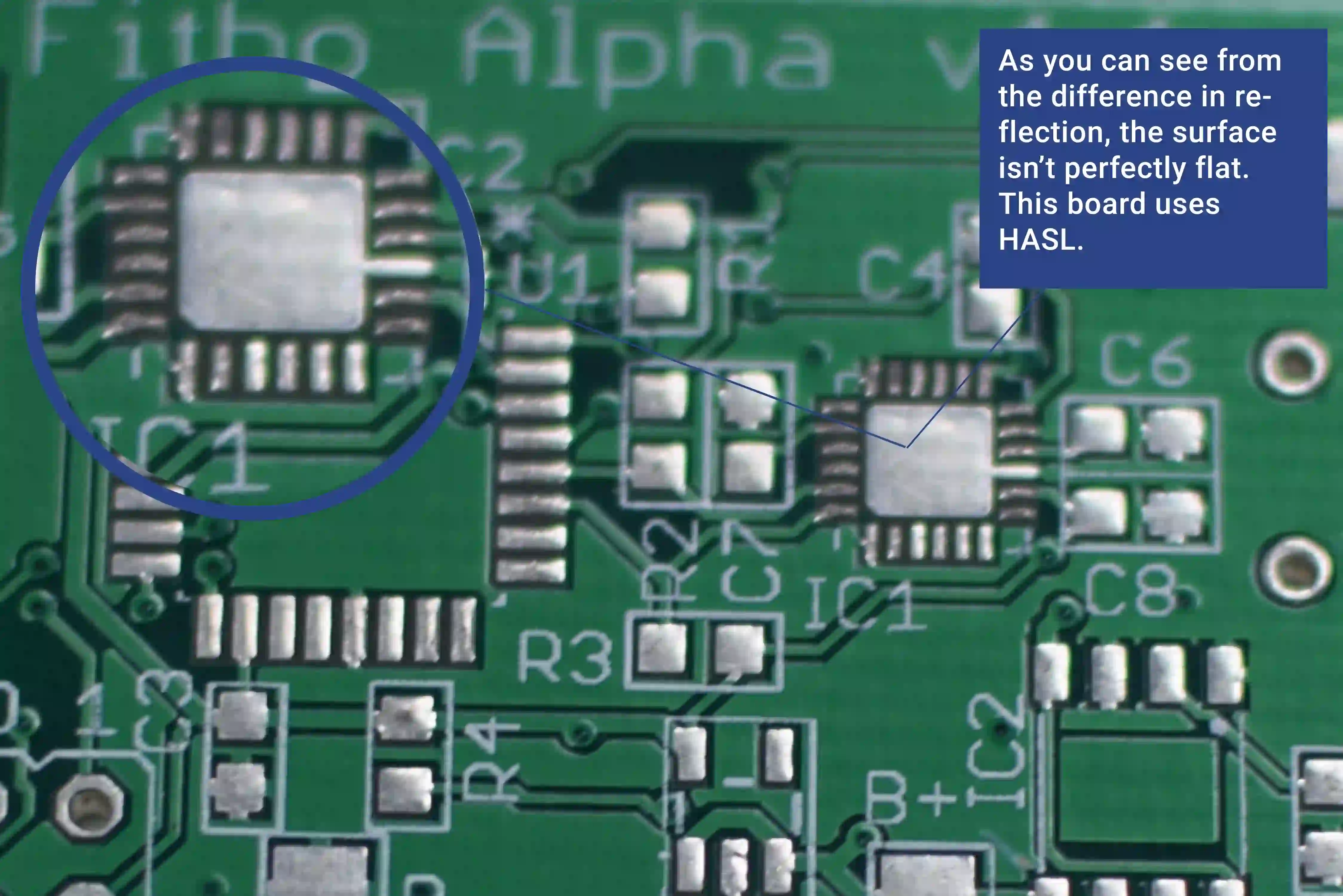 PCB displaying uneven HASL coating with thick and thin solder areas.