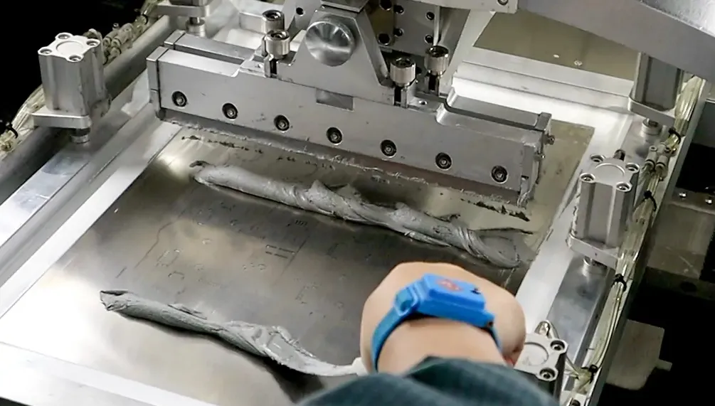 Solder paste application on PCB before reflow soldering.