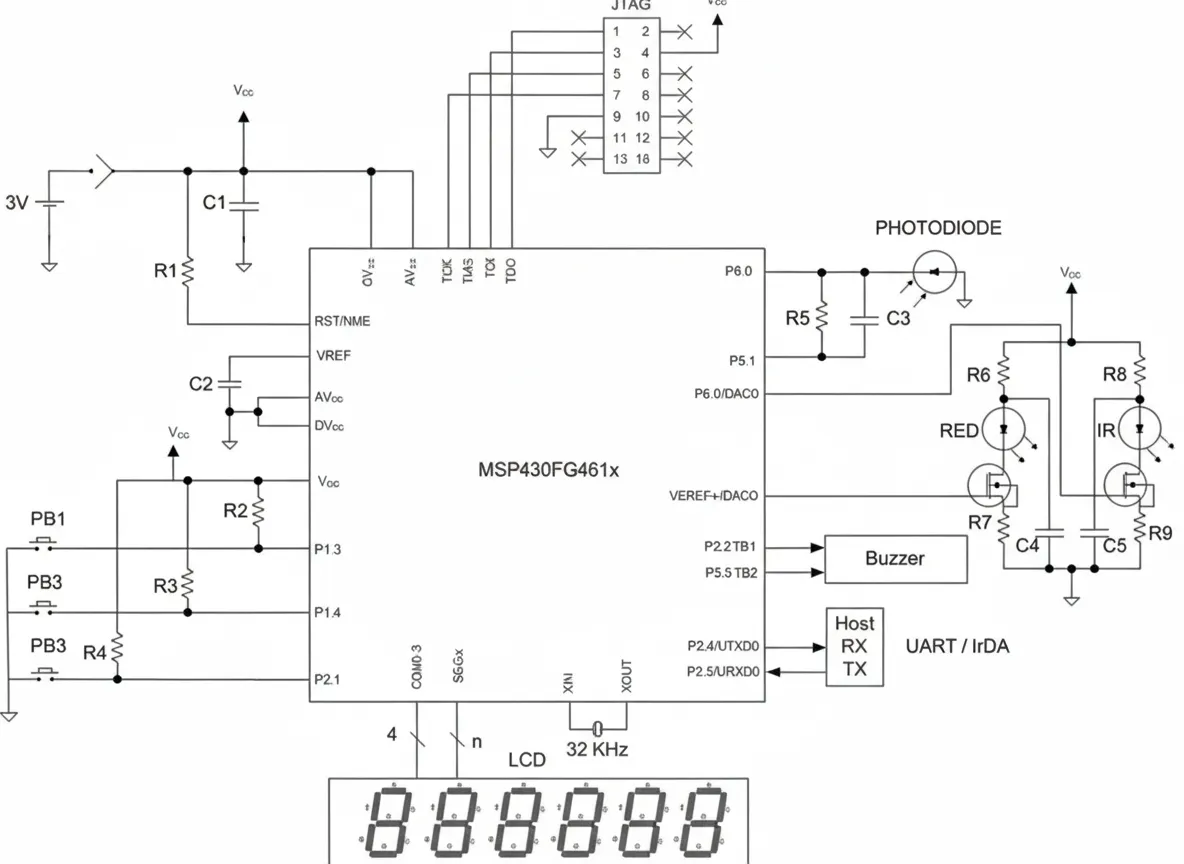 MSP430FG461x-based pulse oximeter block diagram