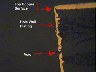 PCB cross-section revealing manufacturing defect through microsectioning