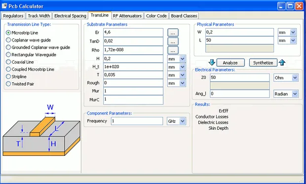 Online PCB impedance calculator with sample trace dimensions.