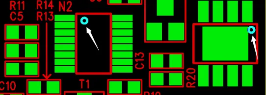 PCB silkscreen with aids like arrows and notes for manual assembly efficiency