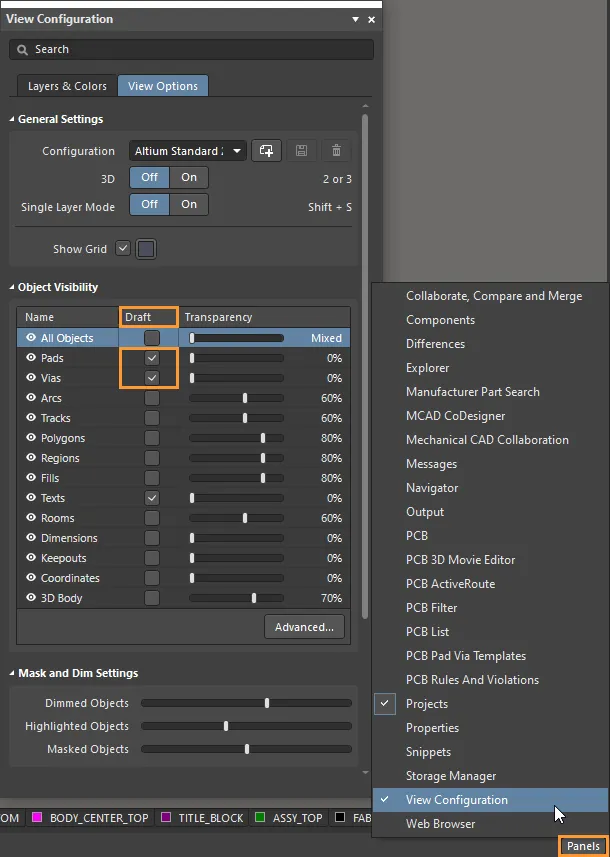 Pad properties settings for solder mask and paste mask removal in PCB design software