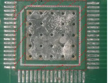 Close-up view of flux residue on a printed circuit board affecting performance