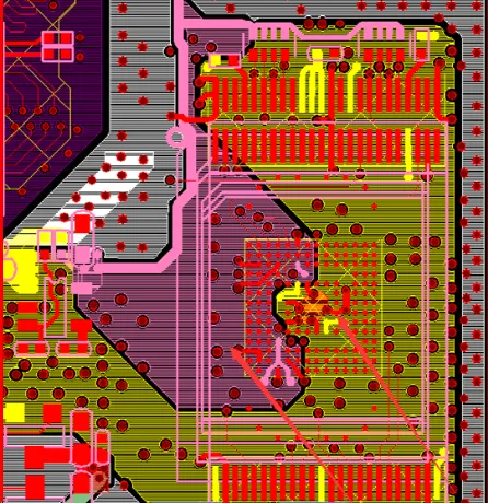 PCB layout showing high-speed traces and ground planes for video processing.