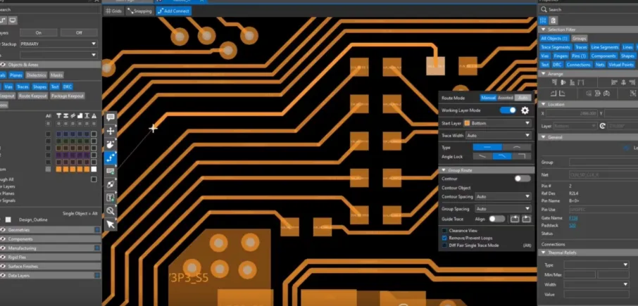 PCB design software displaying trace spacing for cost-effective imaging.