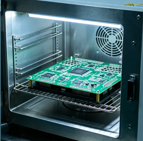 PCB assemblies undergoing thermal cycling in a controlled environmental chamber