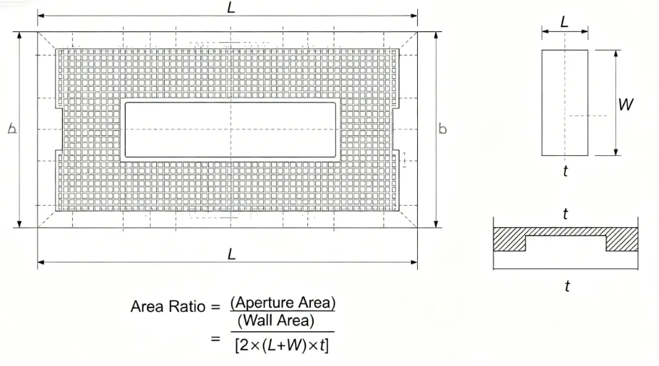 echnical illustration showing aperture dimensions and area ratio calculation