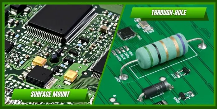 Side-by-side view of SMT and through-hole PCB assemblies