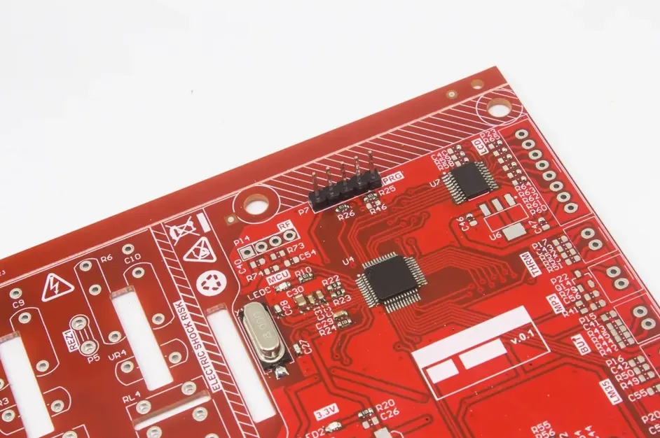 Close-up of PCB with legend markings for component identification.