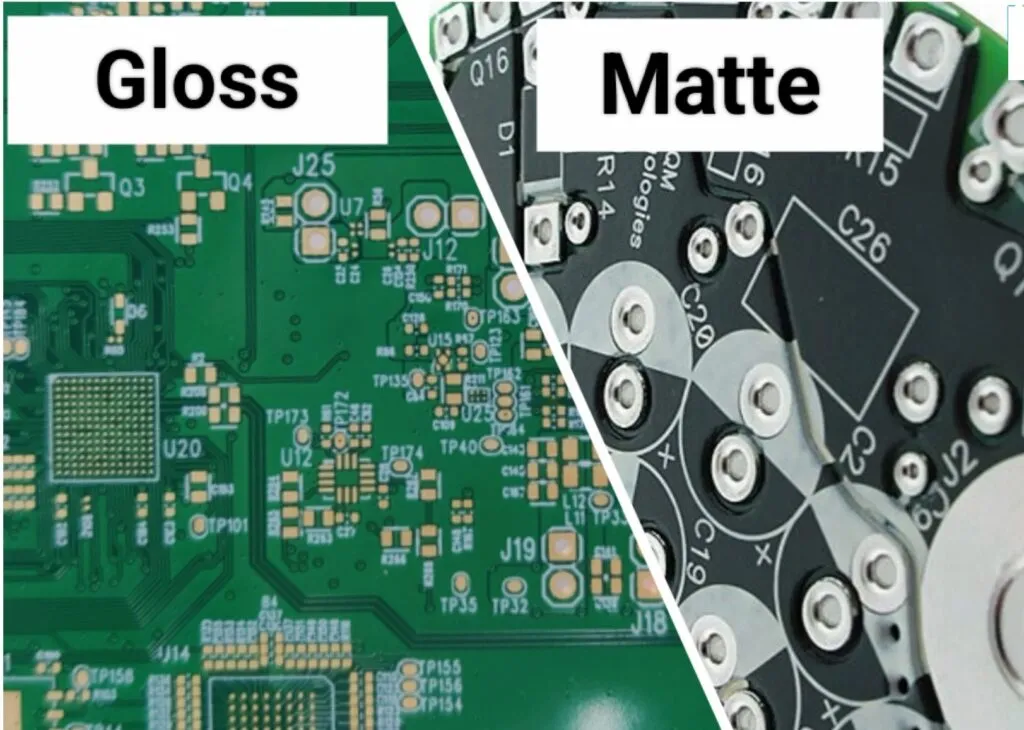 Close-up of PCB with matte solder mask and copper pads for PCB design.