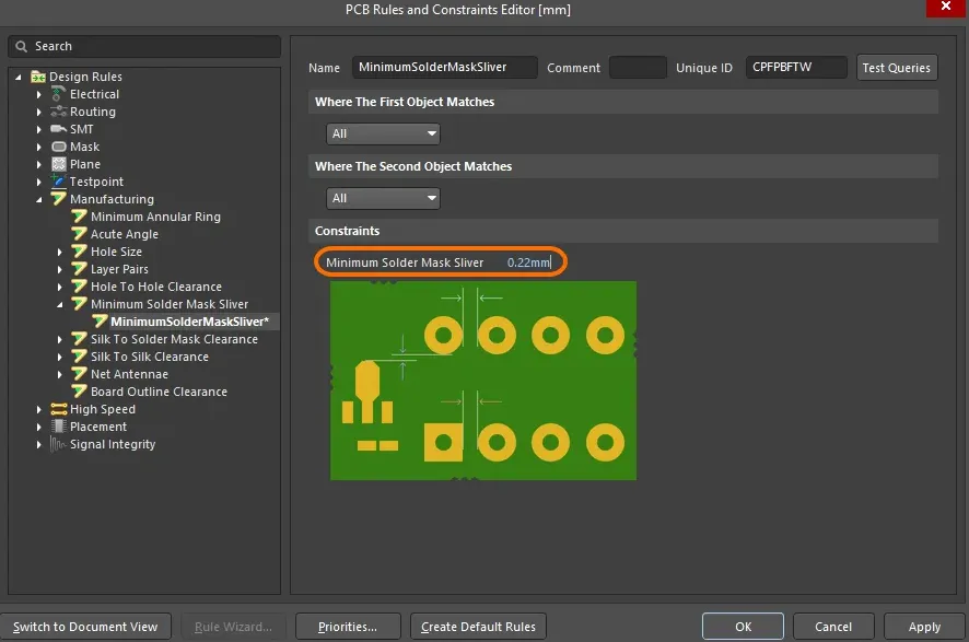 PCB design software interface showing DRC settings for solder mask.