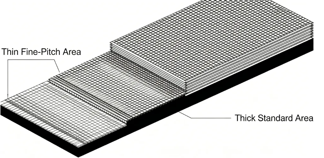 Cross-sectional diagram of a step stencil showing thinner fine-pitch areas and thicker standard zones