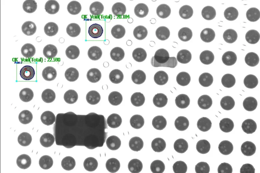 X-ray inspection image of a PCB showing internal solder joint defects.