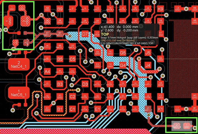 PCB layout with power vias and decoupling capacitors for noise reduction in mixed-signal design.
