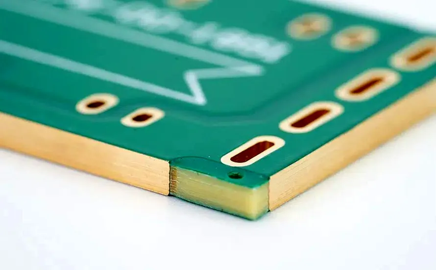 Cross-section of heavy copper PCB showing thick copper layers for high current applications