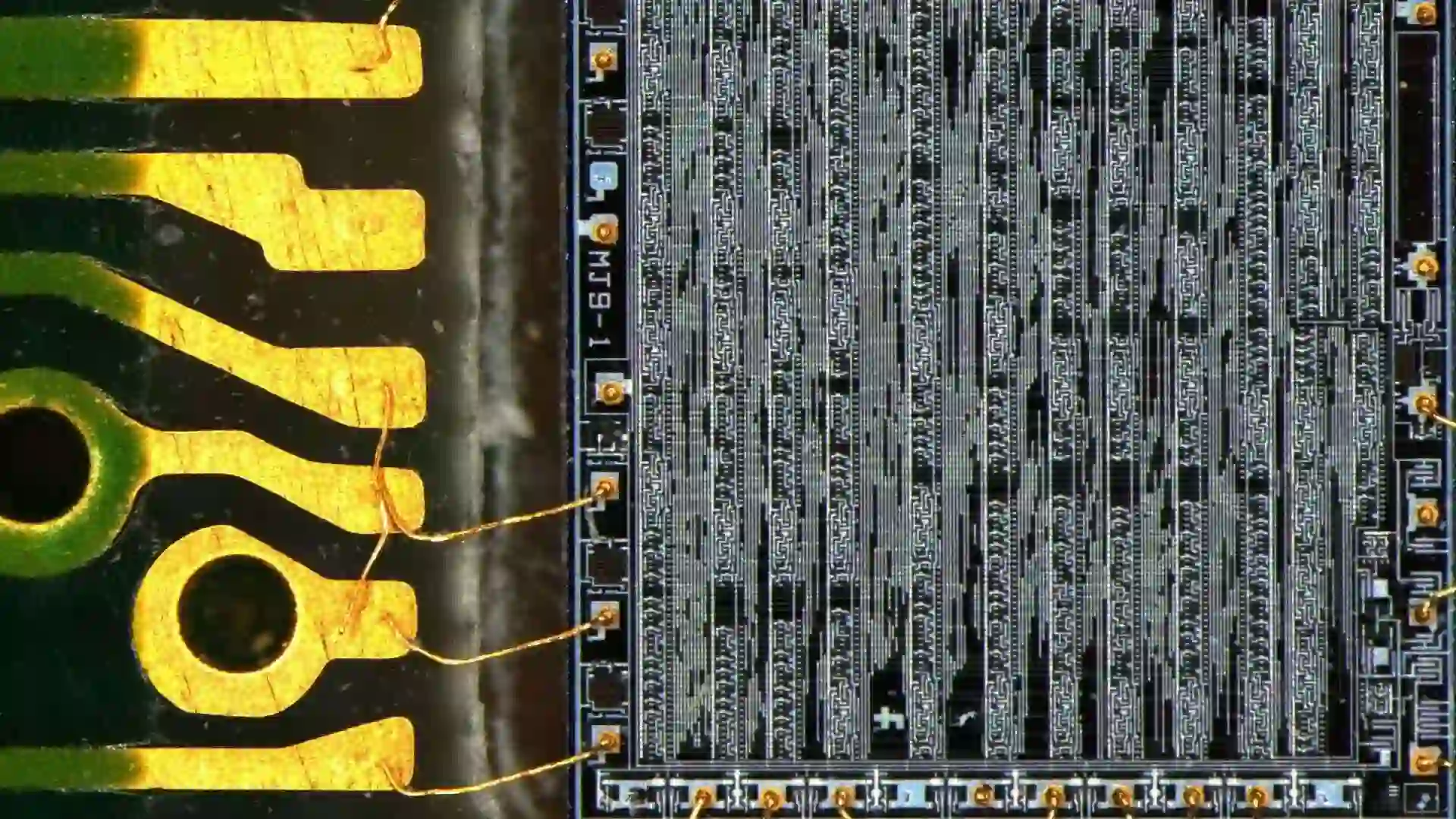 Cross-section of a PCB under microscope for quality control.