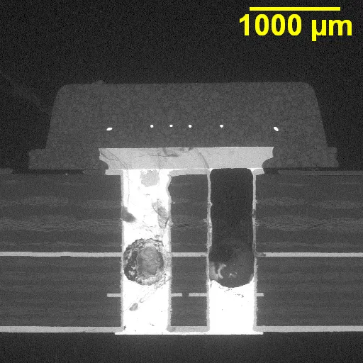 PCB cross-section under microscope for failure analysis using microsectioning