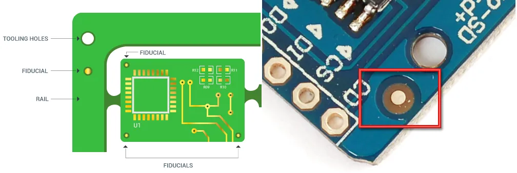 Close-up of fiducial marks on a flex PCB for precise assembly alignment.