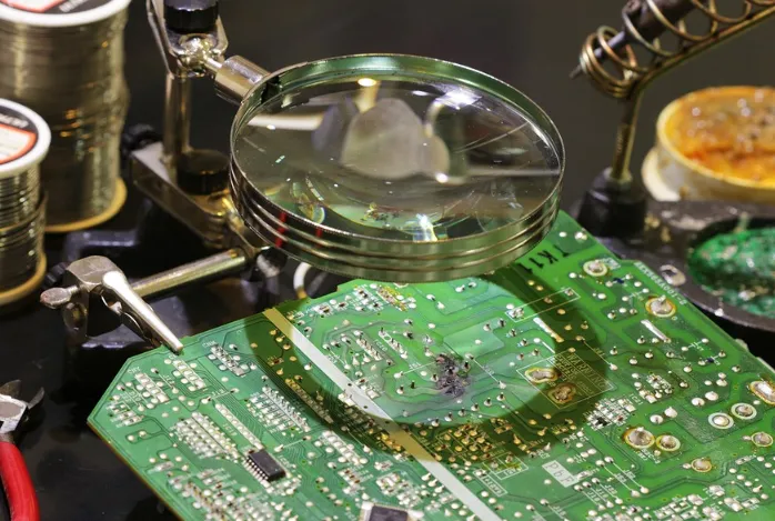 Inspecting a PCB for damage using a magnifying glass