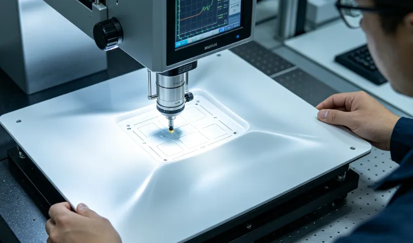 Technician measuring warpage on a molded MID substrate with a coordinate measuring machine