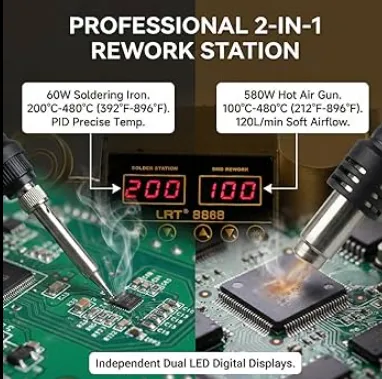 Digital interface showing temperature and airflow settings during PCB rework
