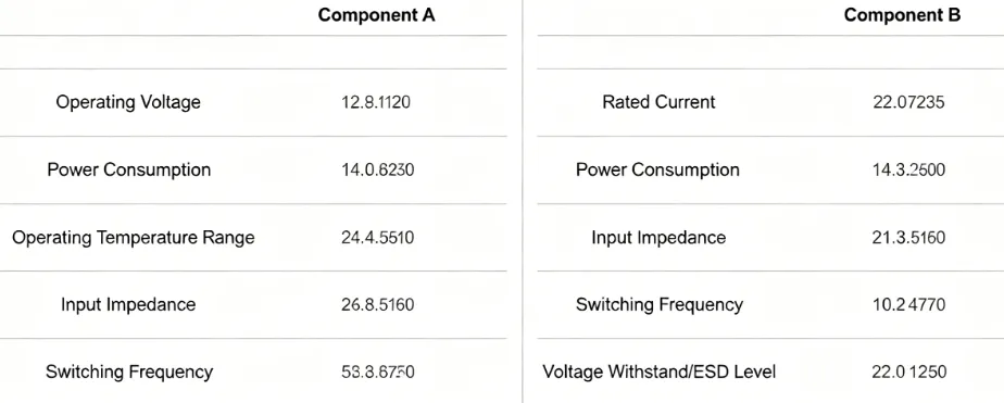 Side-by-side comparison of electrical parameters from two component datasheets